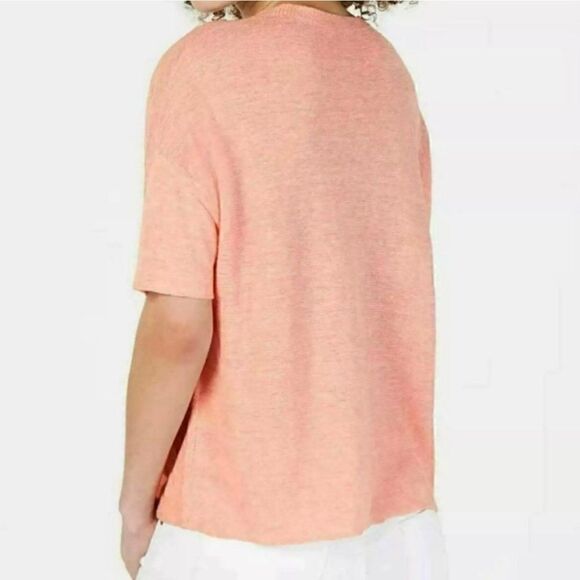 Eileen Fisher Organic Linen Melange Round Neck Short Sleeve Top Peach Women LG - Picture 2 of 7